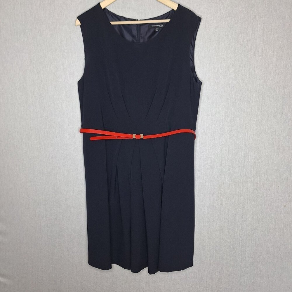 💙 Sharagano Navy Blue Stretch Belted Dress Size 16 Preppy Formal Feminine Flatt
